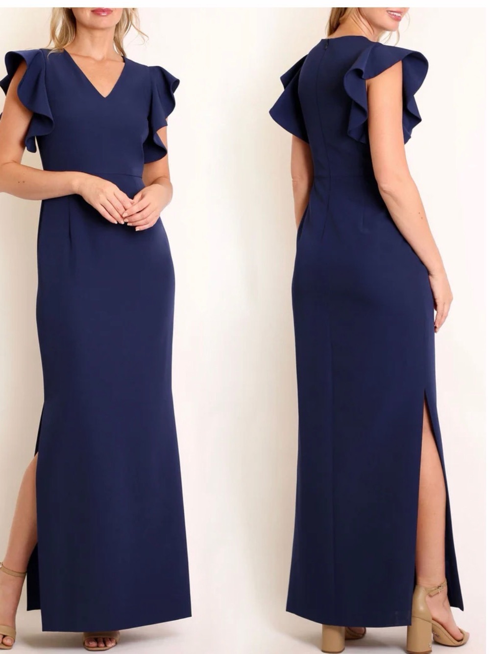 Navy Ruffle Sleeve Maxi Dress with Side Slit